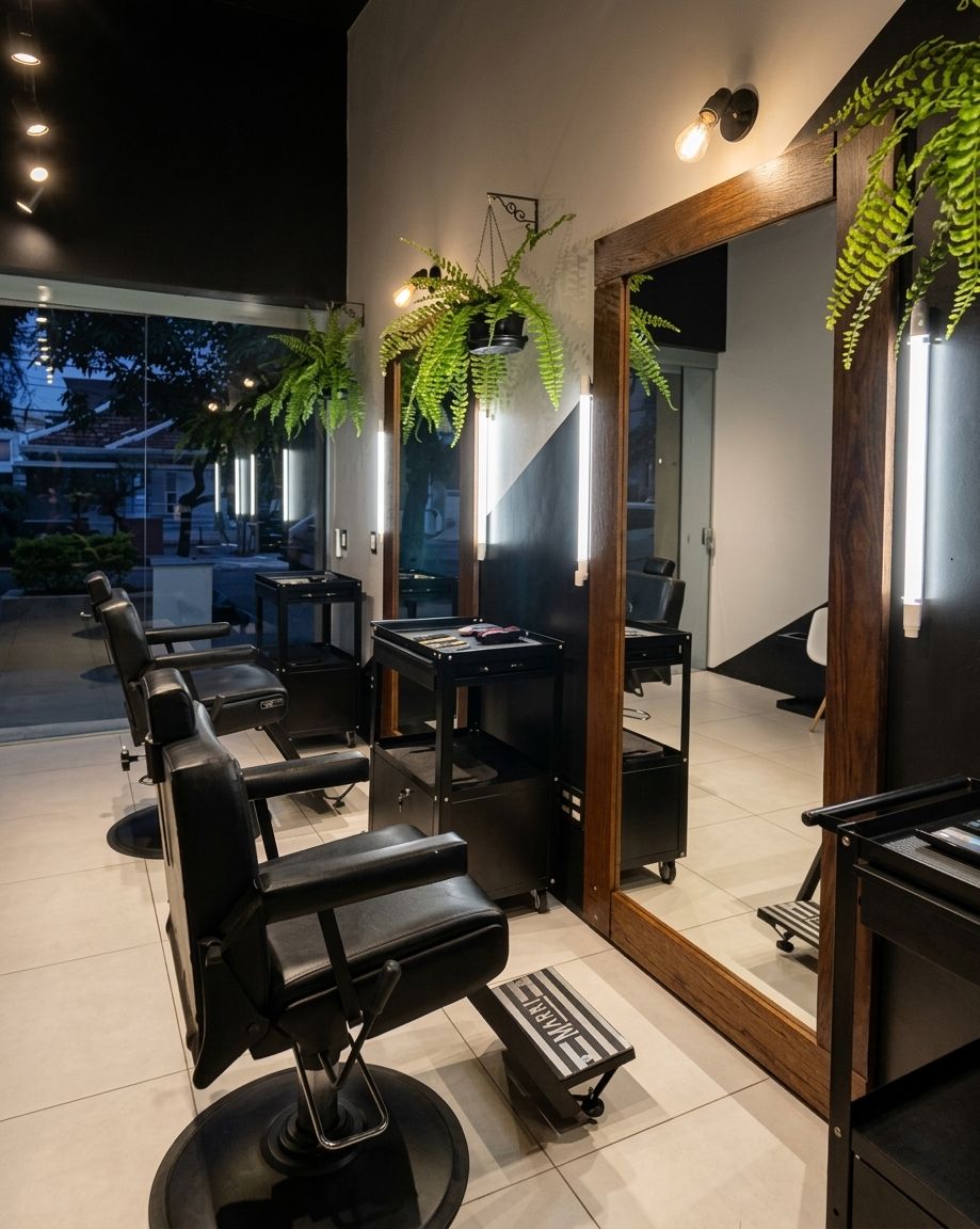 Ambiente interno da Cabrón Barbearia — poltronas, espelhos emoldurados e plantas
