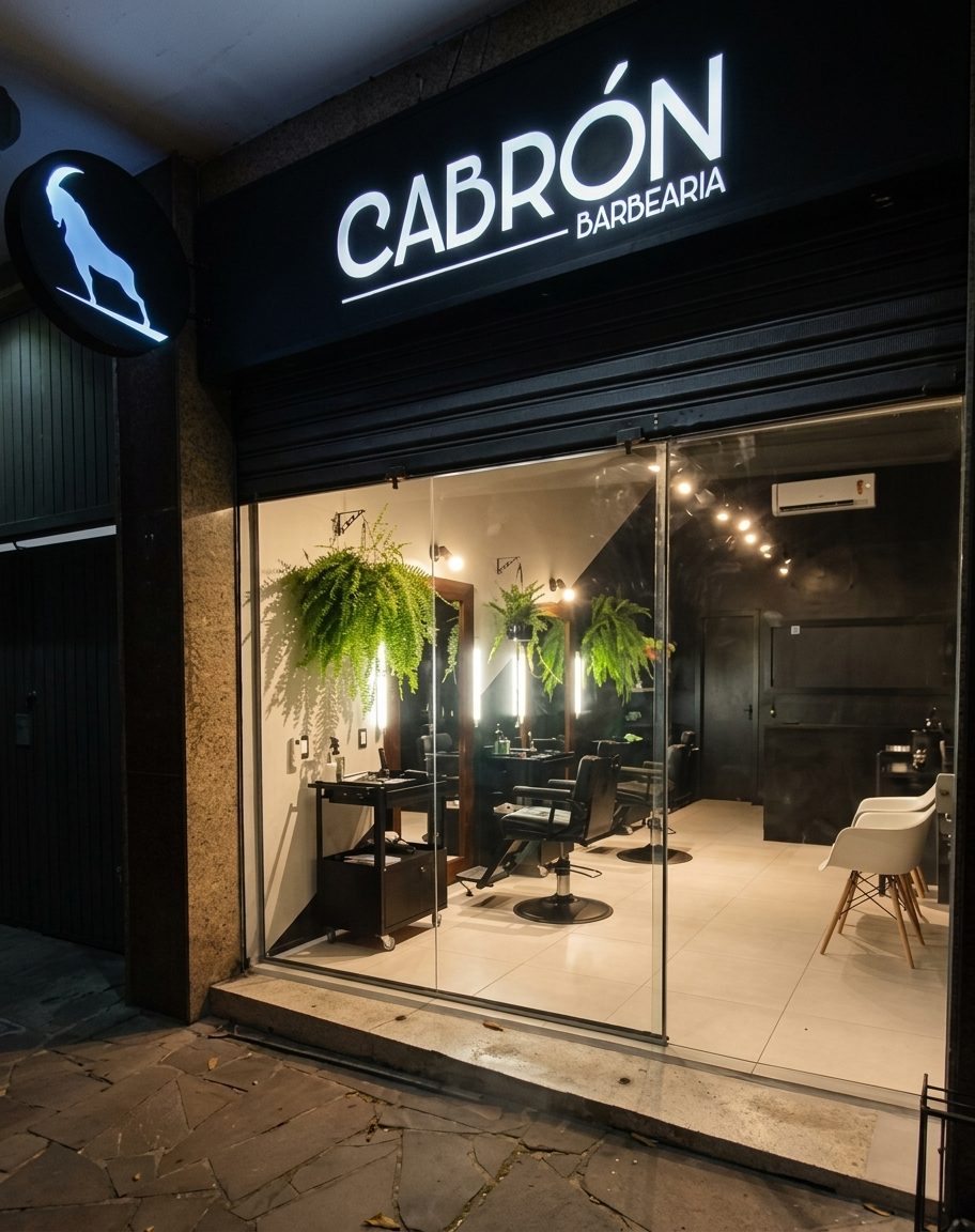 Fachada da Cabrón Barbearia à noite, Porto Alegre
